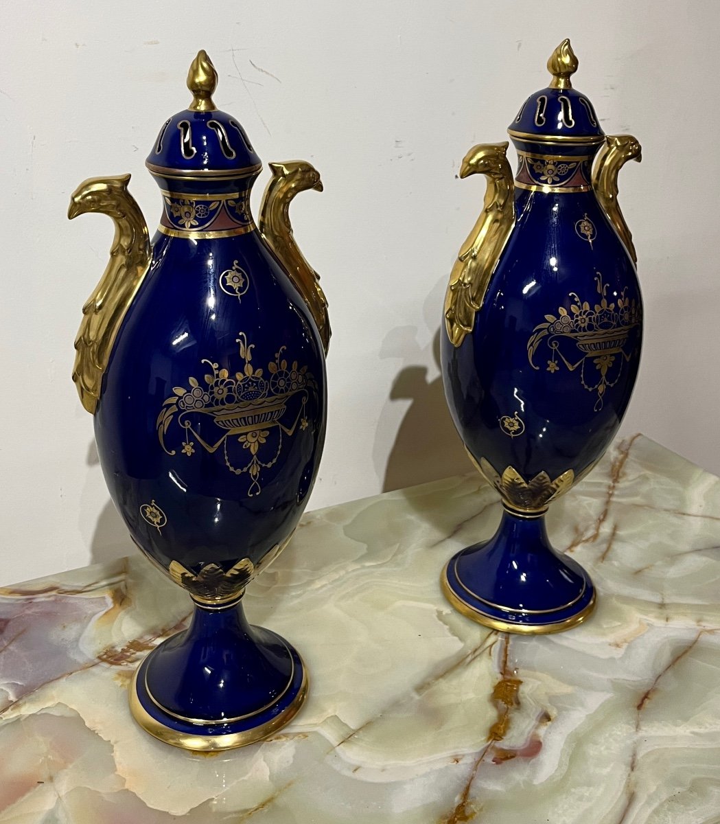 Pair Of Covered Vases Pinon Heuze Tours In Blue And Gold Earthenware , Années 1930 -photo-2