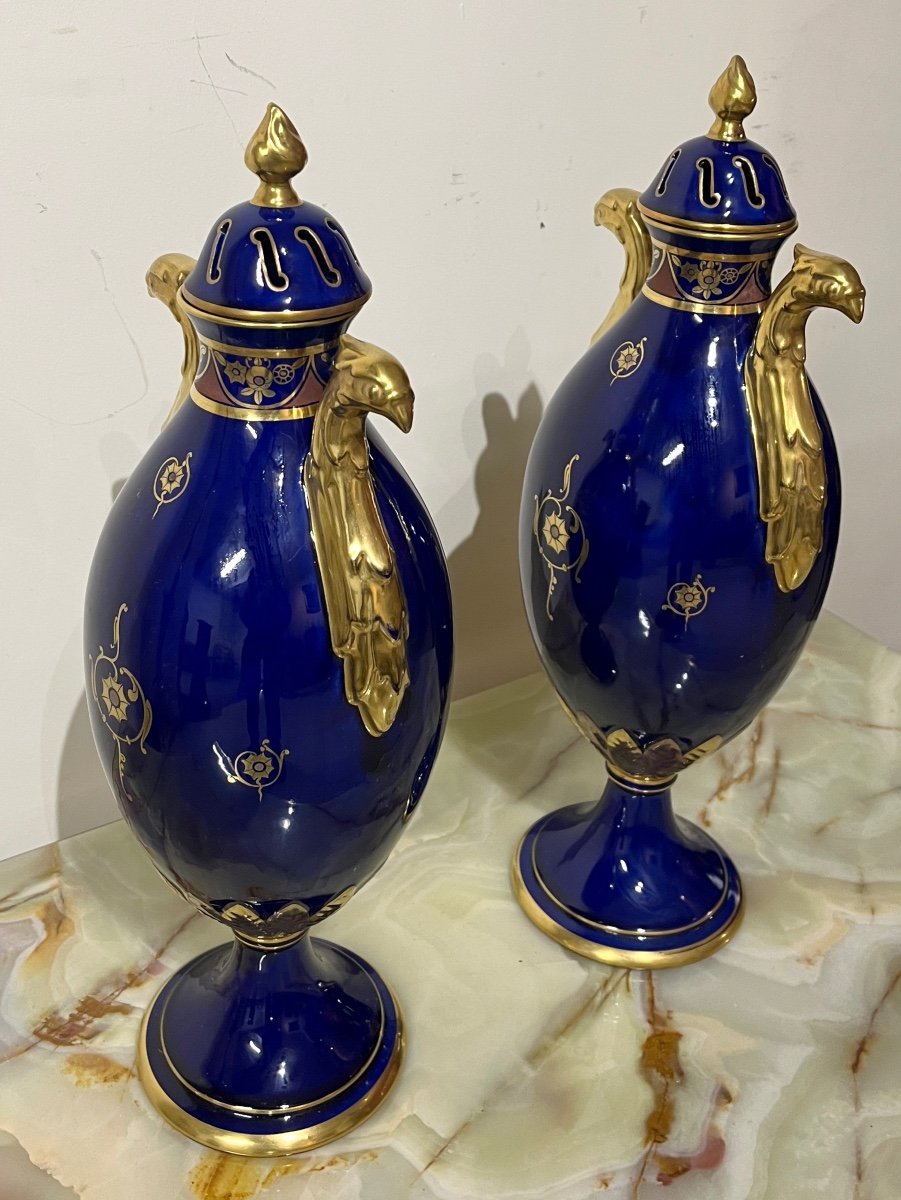 Pair Of Covered Vases Pinon Heuze Tours In Blue And Gold Earthenware , Années 1930 -photo-2