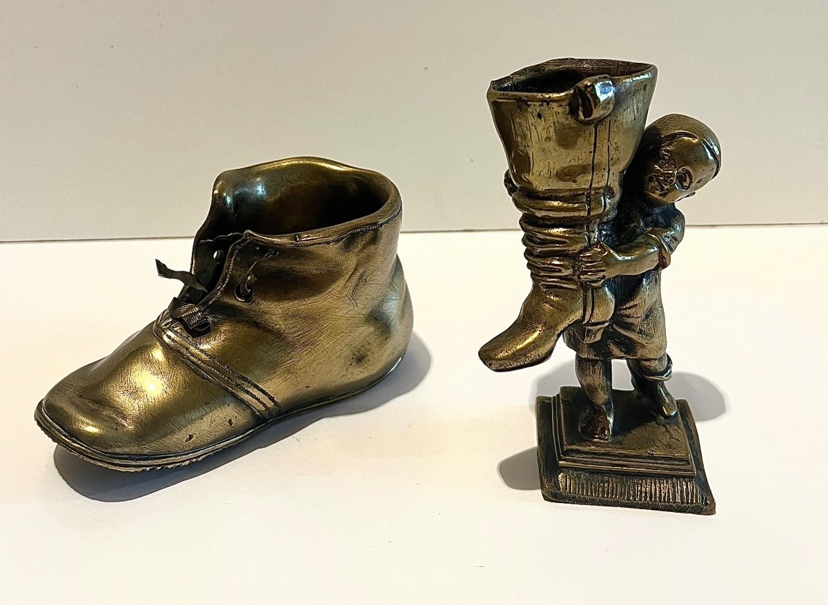 Pyrogenic Bronze Child With Boot And Pyrogenic Bronze Shoe