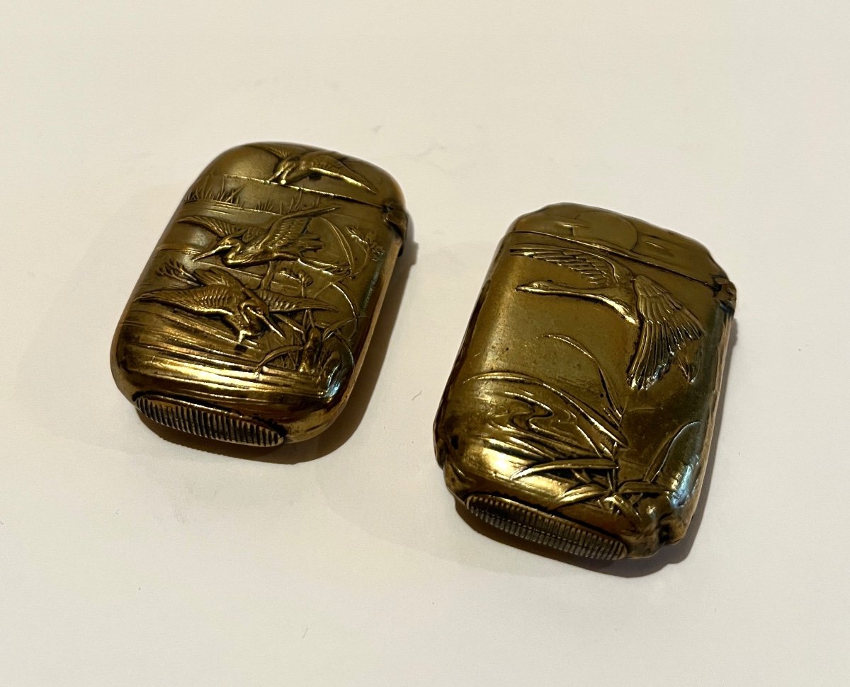 Two Pyrogens Art Nouveau Matchbox In Brass Decorated With Herons-photo-6