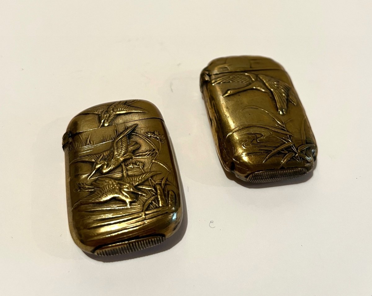 Two Pyrogens Art Nouveau Matchbox In Brass Decorated With Herons-photo-7