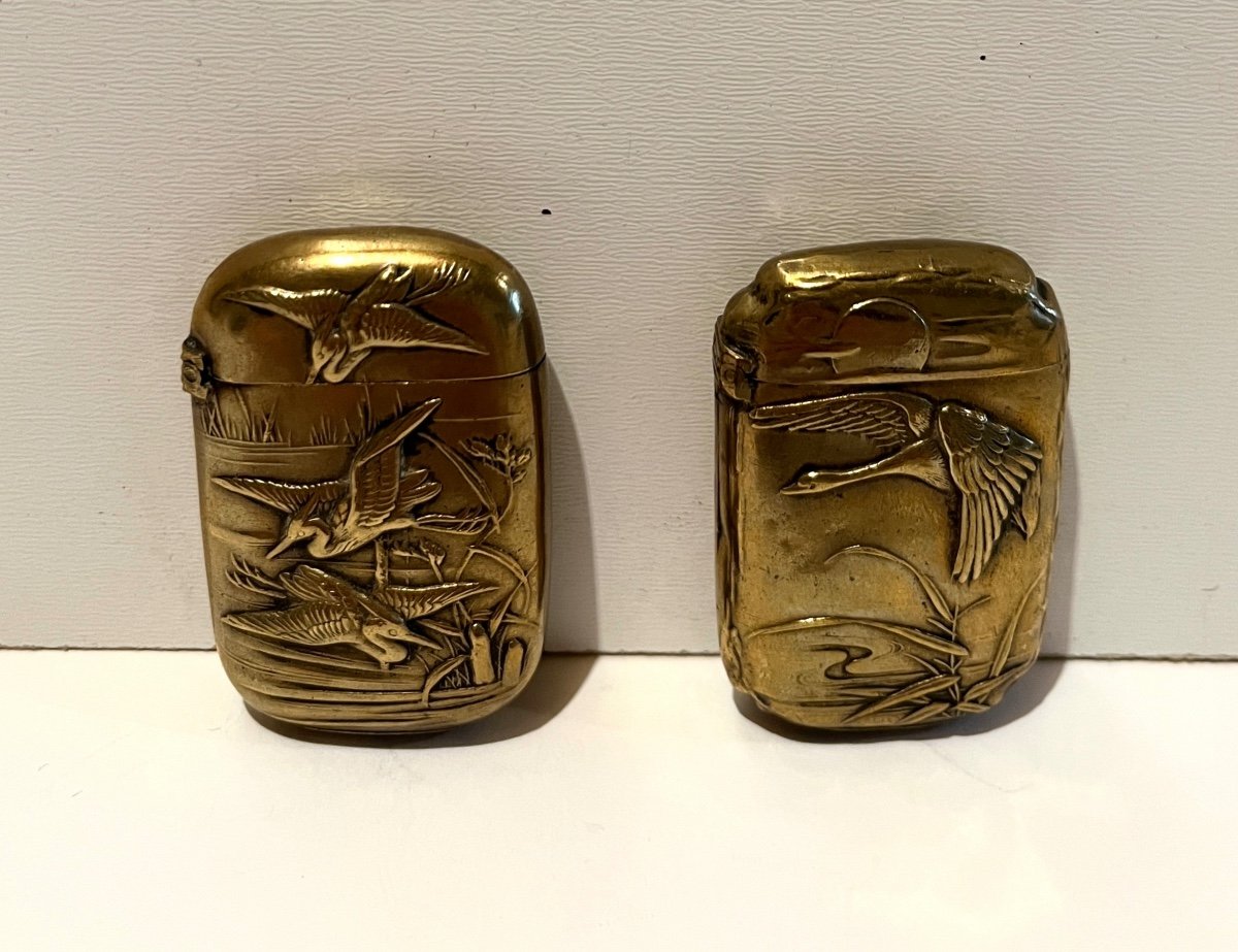 Two Pyrogens Art Nouveau Matchbox In Brass Decorated With Herons-photo-8