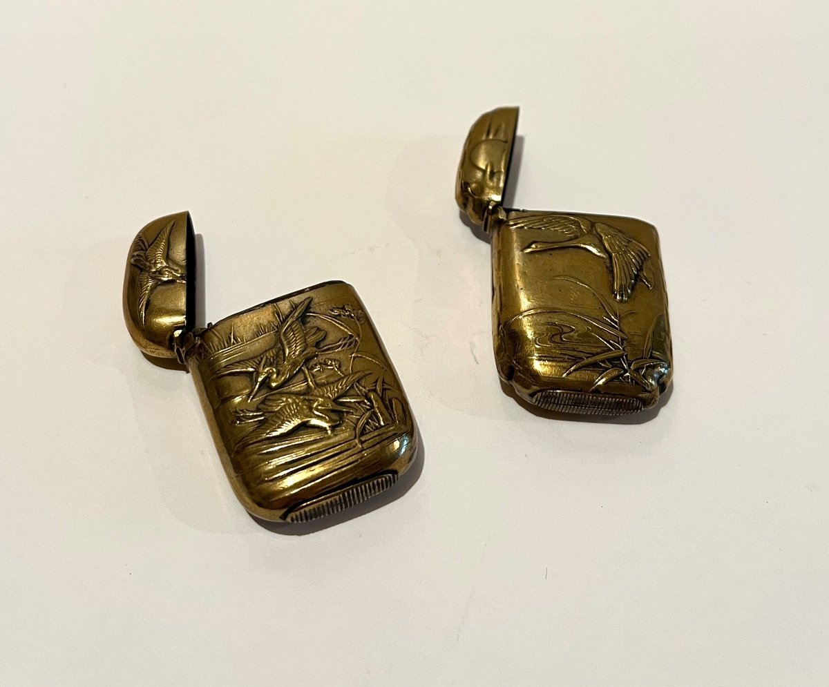 Two Pyrogens Art Nouveau Matchbox In Brass Decorated With Herons