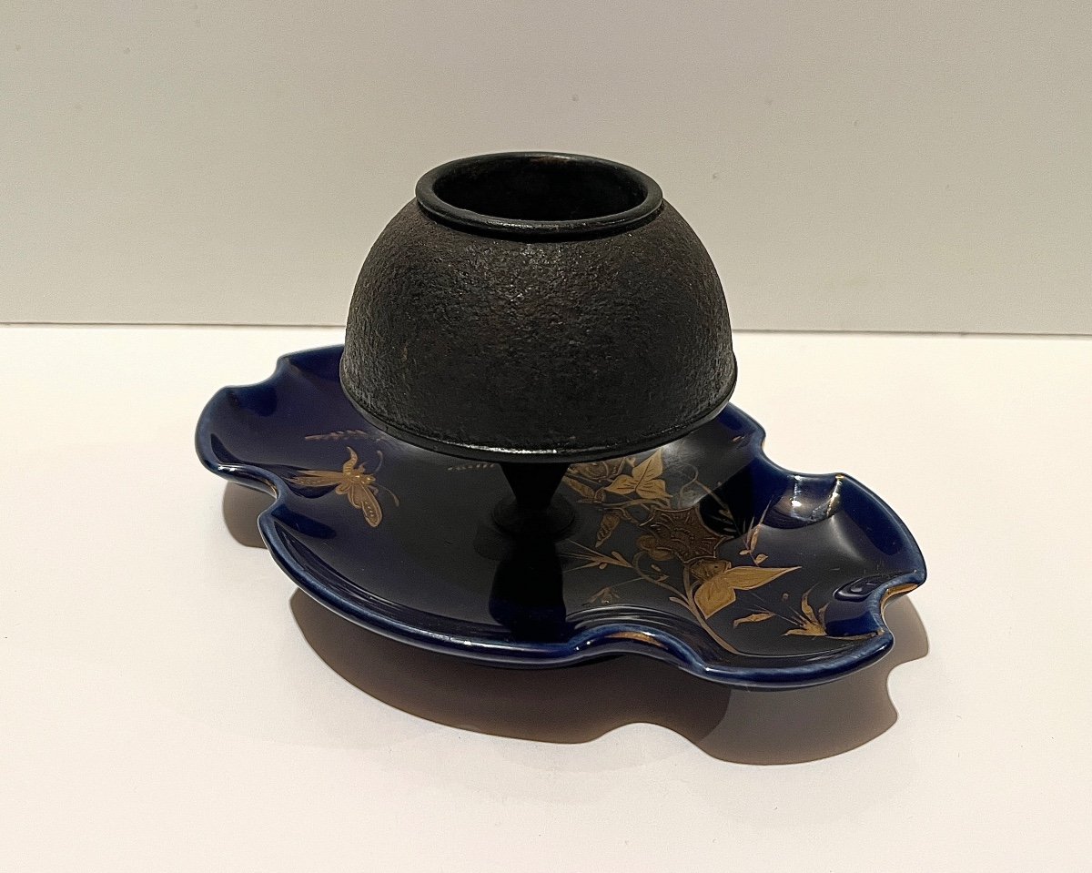 Pyrogen In Blue Enameled Ceramic With Gold Enhancement, Late 19th Century-photo-3