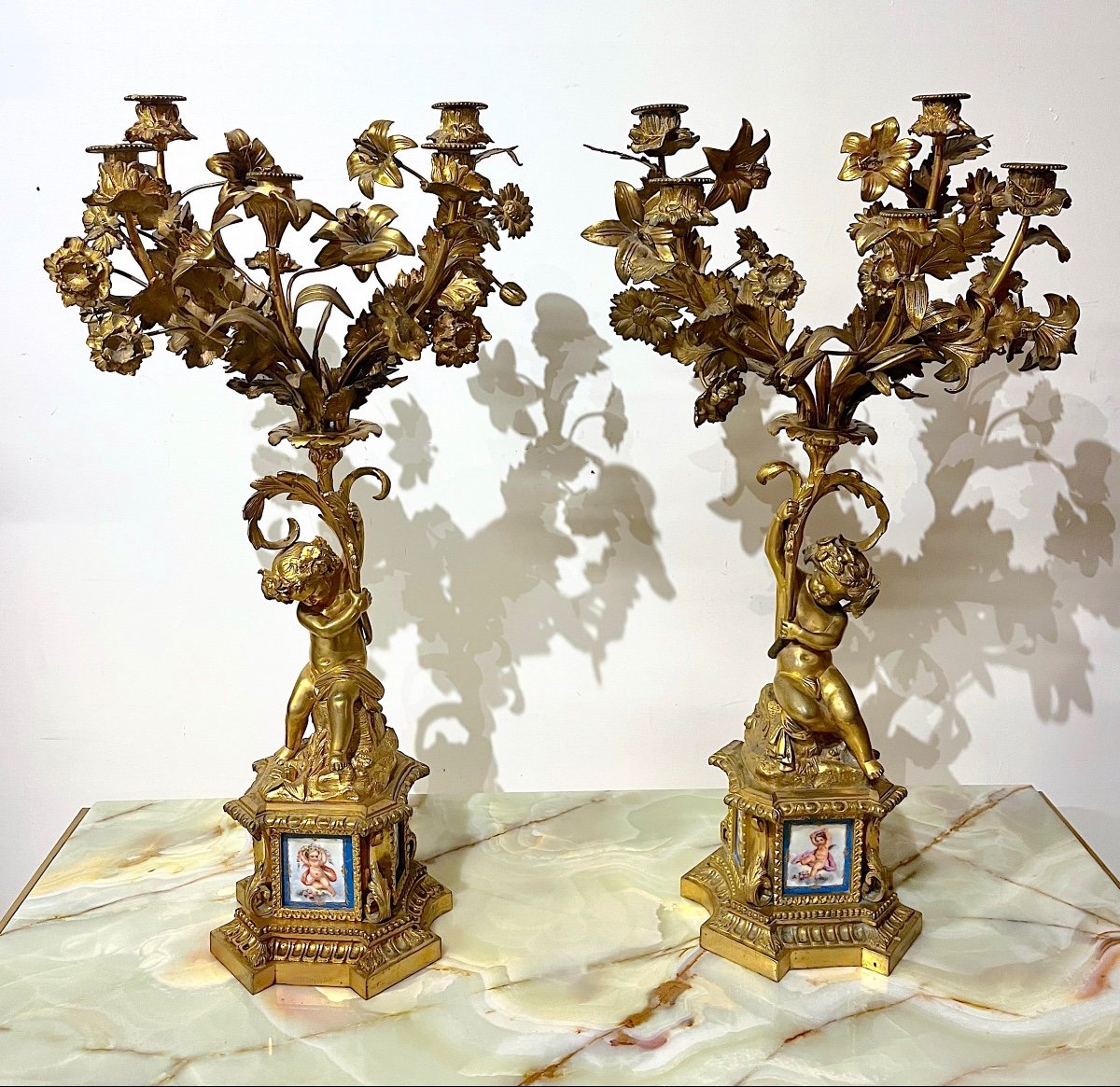 Paire De Candélabres Plaques De Porcelaine Et Bronze Doré Napoléon III-photo-2