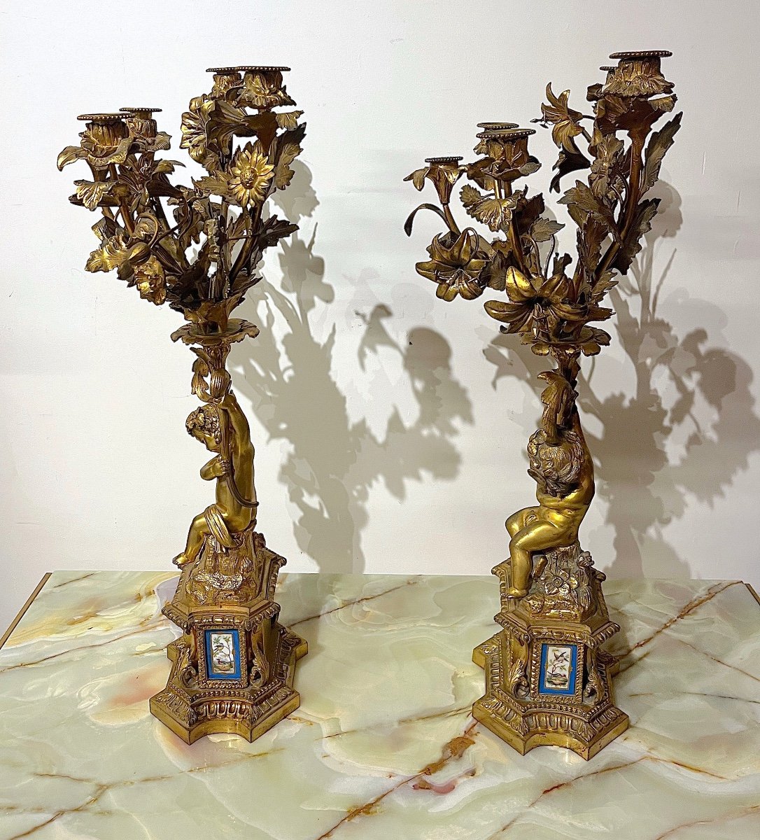 Paire De Candélabres Plaques De Porcelaine Et Bronze Doré Napoléon III-photo-3