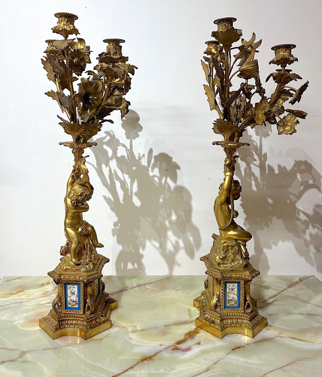 Paire De Candélabres Plaques De Porcelaine Et Bronze Doré Napoléon III-photo-1
