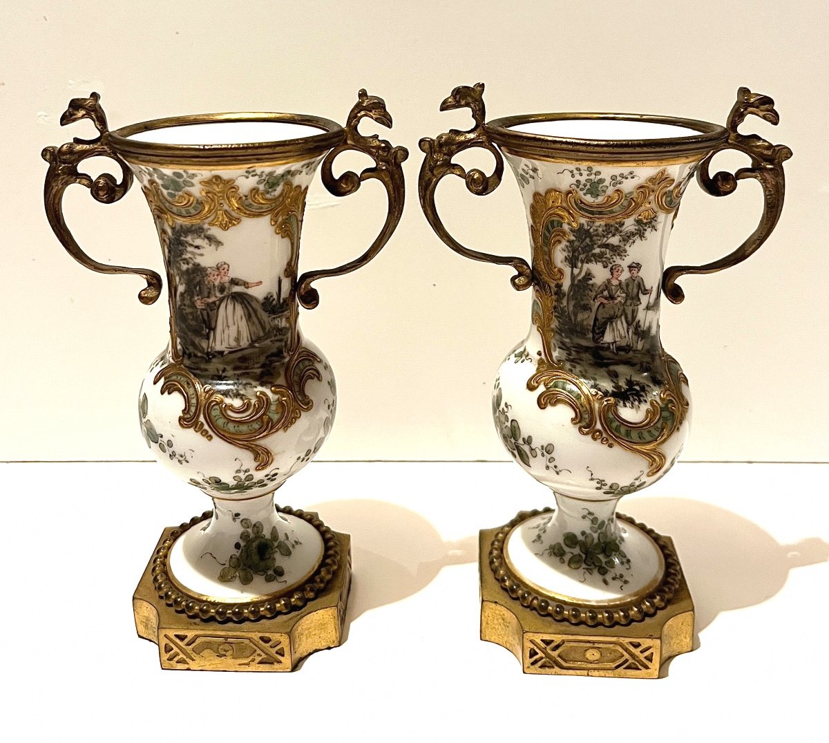 Pair Of Small Vases In Sèvres Or Paris Porcelain And Bronze 