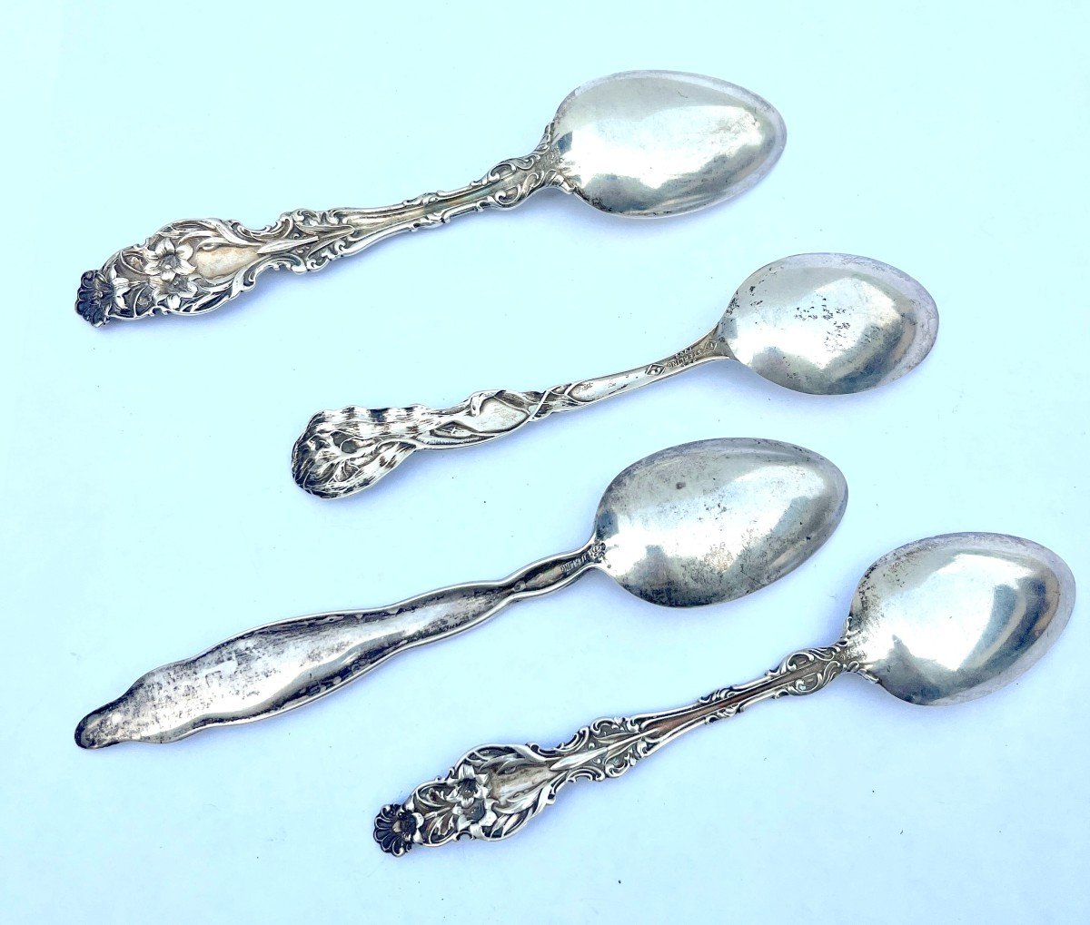 Four Sterling Silver Art Nouveau Spoons-photo-3
