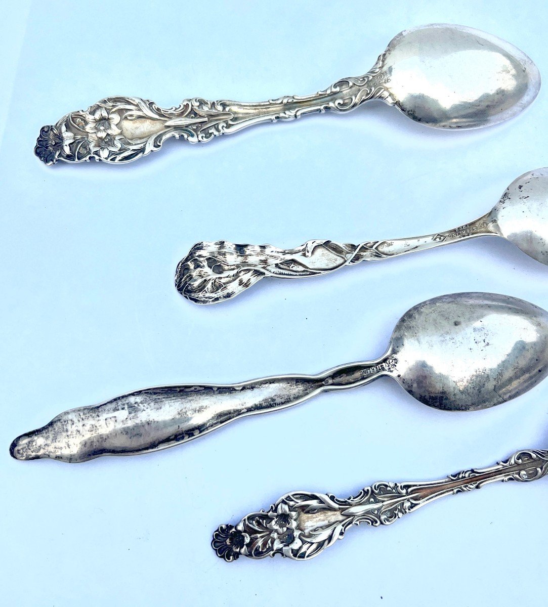 Four Sterling Silver Art Nouveau Spoons-photo-4