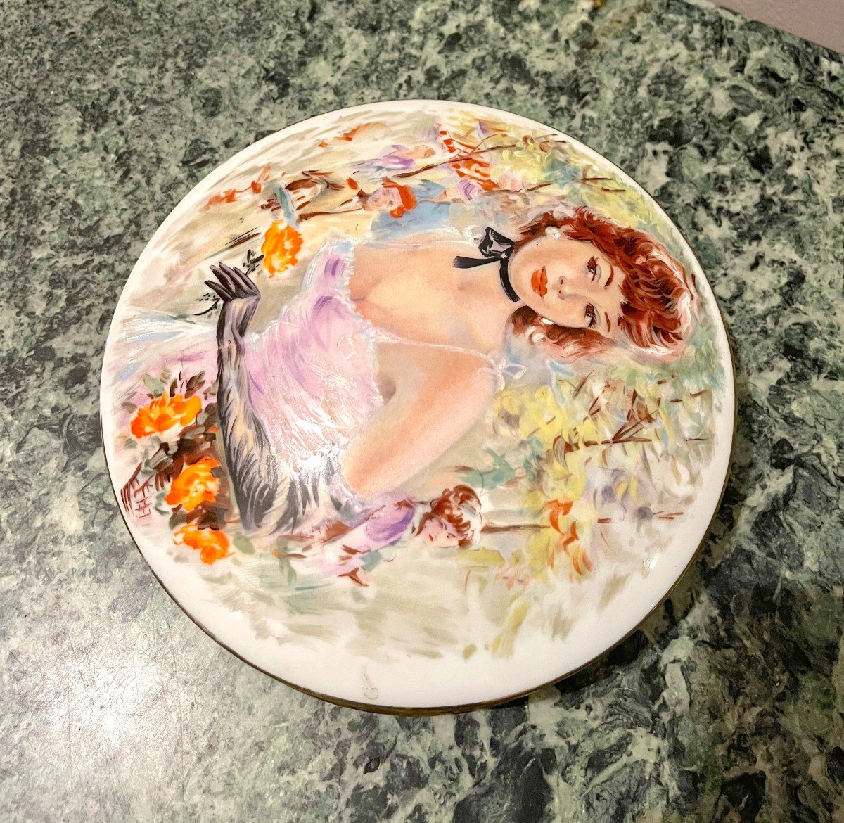Limoges Porcelain Candy Dish Decorated With A Woman In A Garden-photo-1