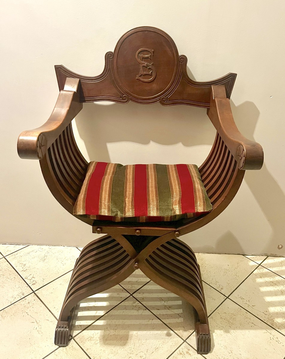Pair Of Curule Armchairs, Known As Savonarola, Walnut, 19th Century-photo-3