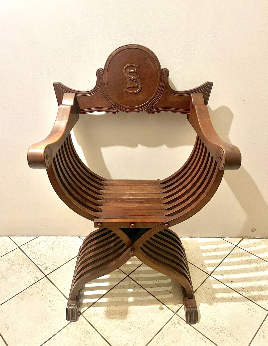 Pair Of Curule Armchairs, Known As Savonarola, Walnut, 19th Century-photo-4