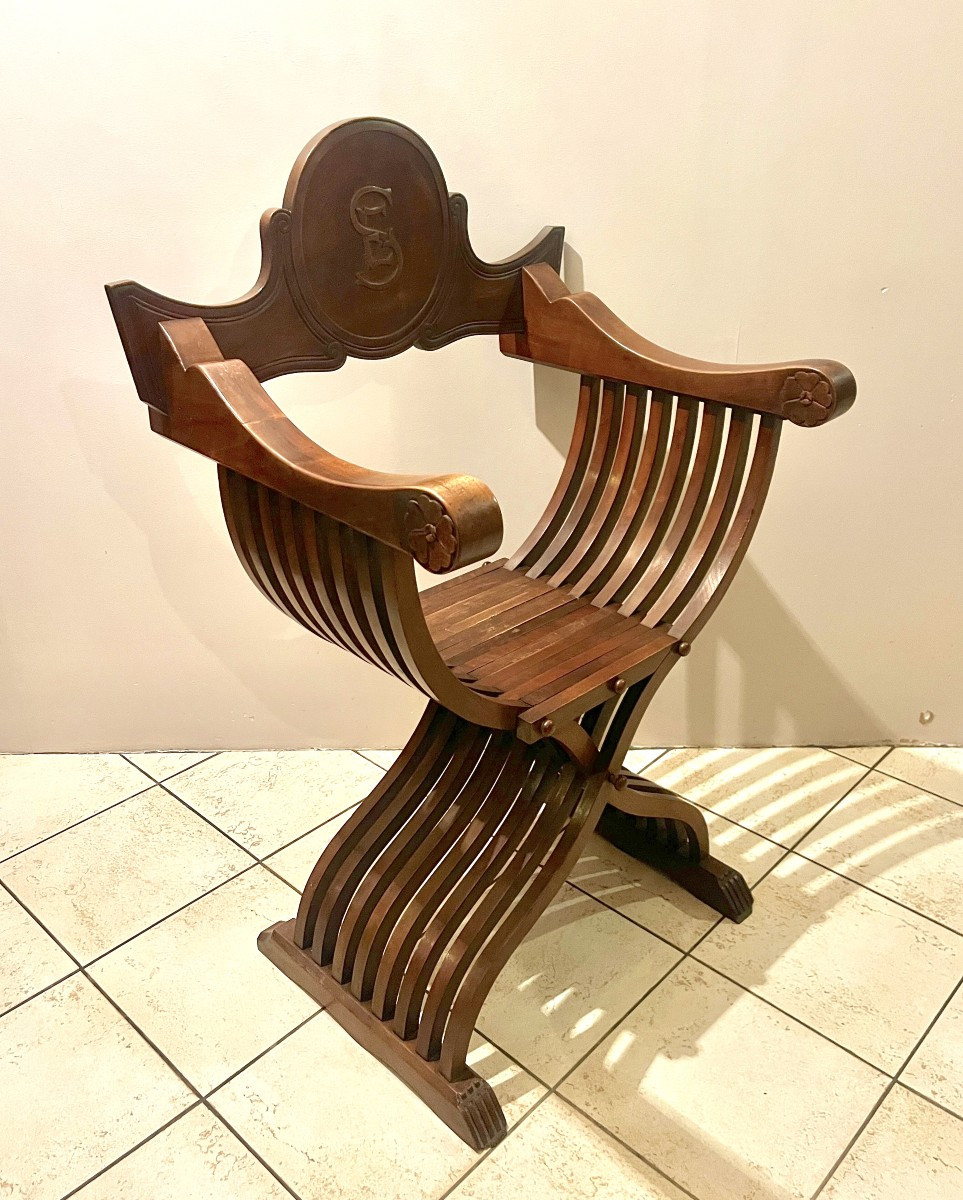 Pair Of Curule Armchairs, Known As Savonarola, Walnut, 19th Century-photo-1