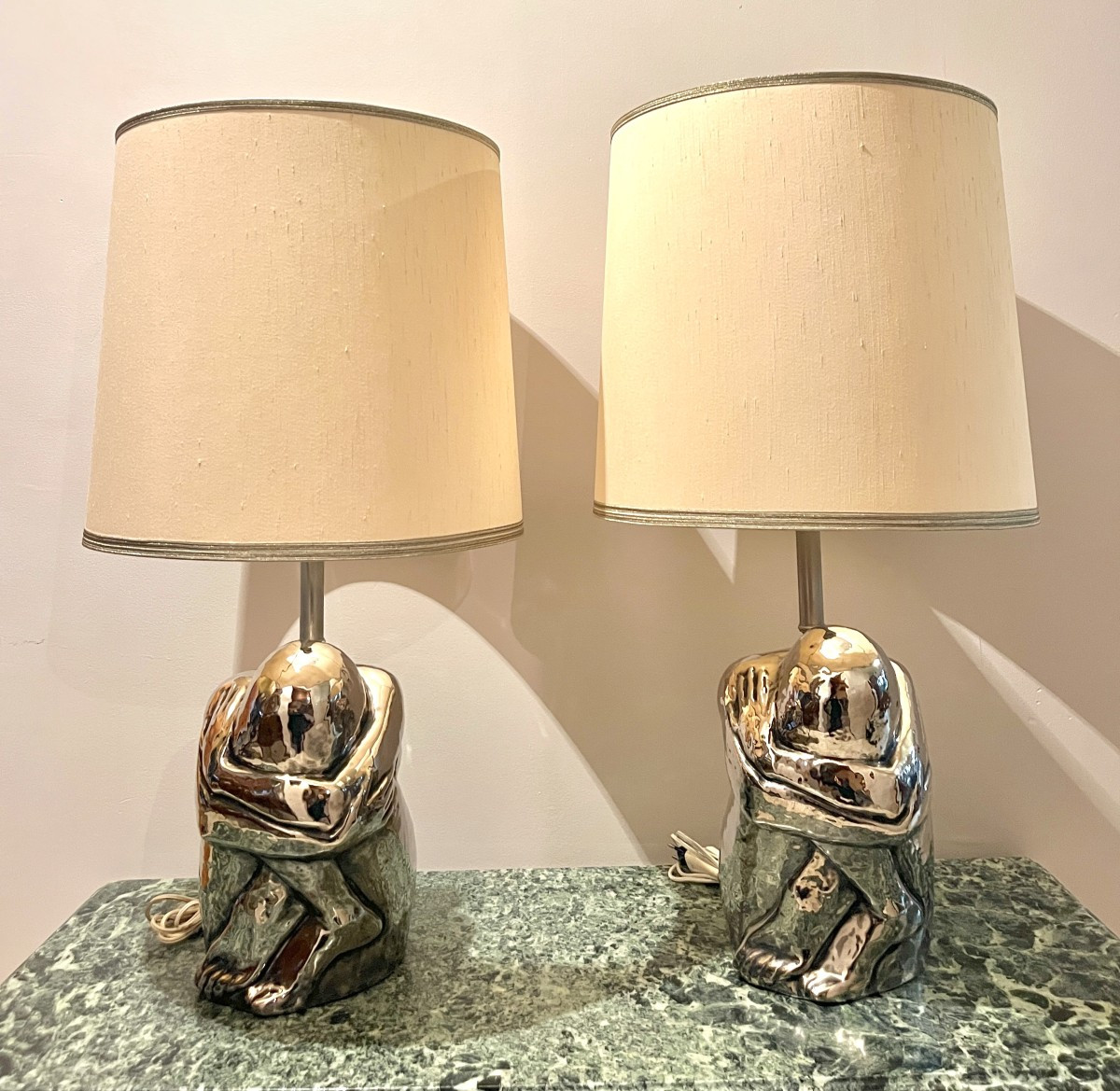 Paire De Lampes En Céramique Argentée Années 1970