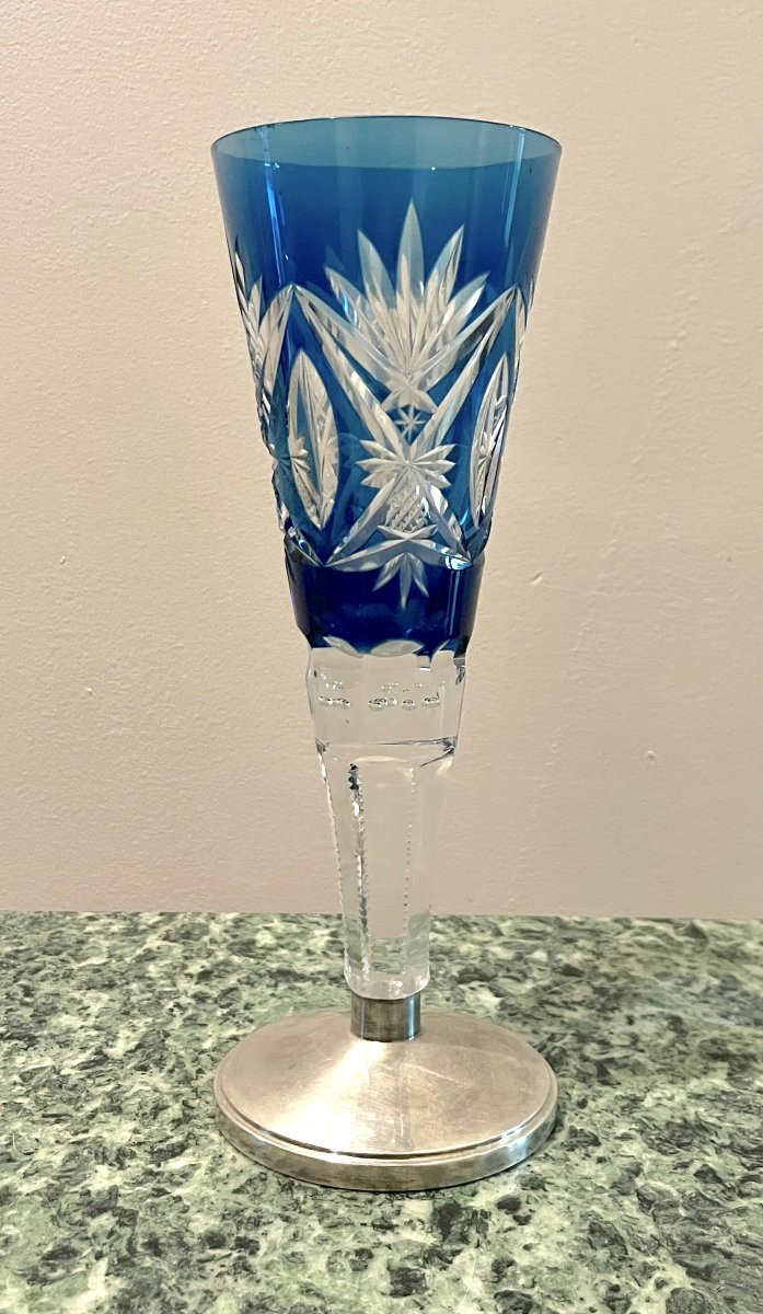 Blue Cut Crystal Vase On Silver Base-photo-2