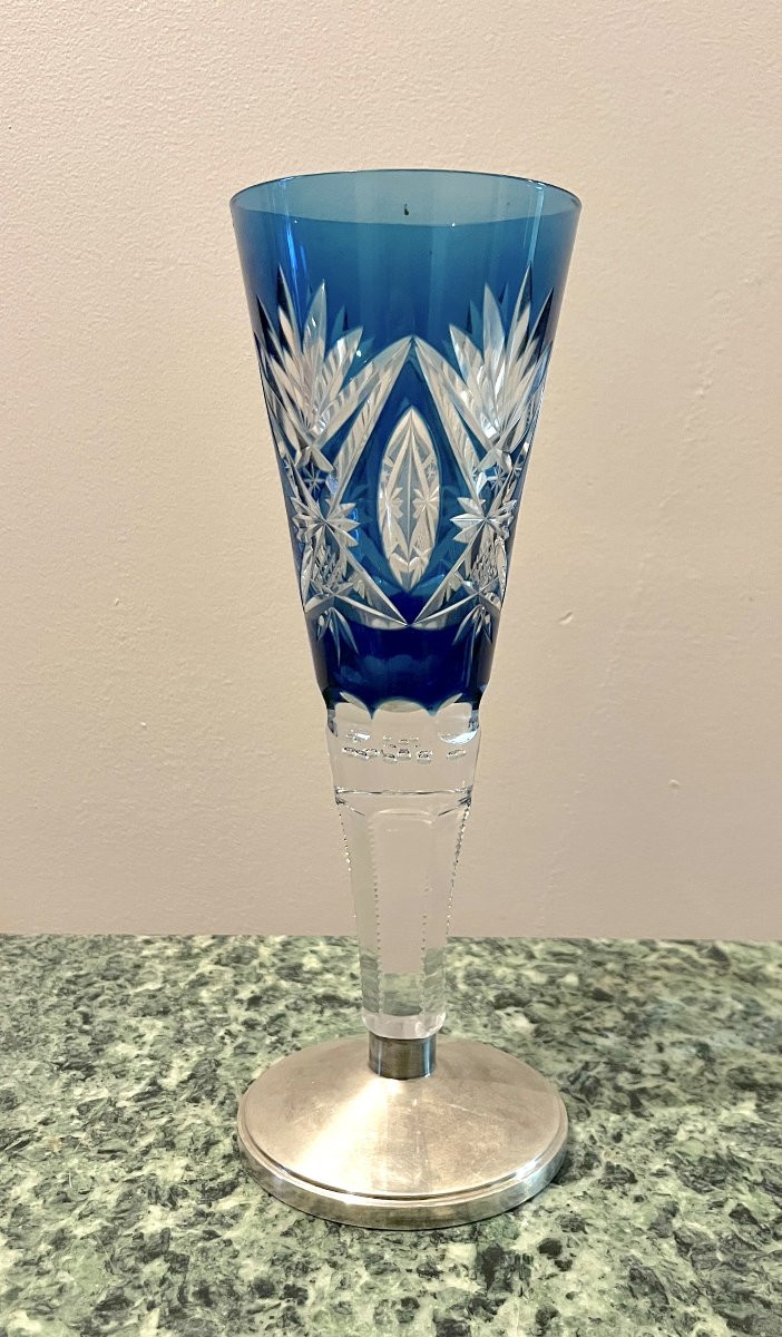 Blue Cut Crystal Vase On Silver Base-photo-3