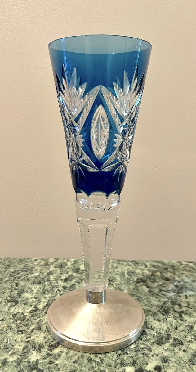 Blue Cut Crystal Vase On Silver Base-photo-2