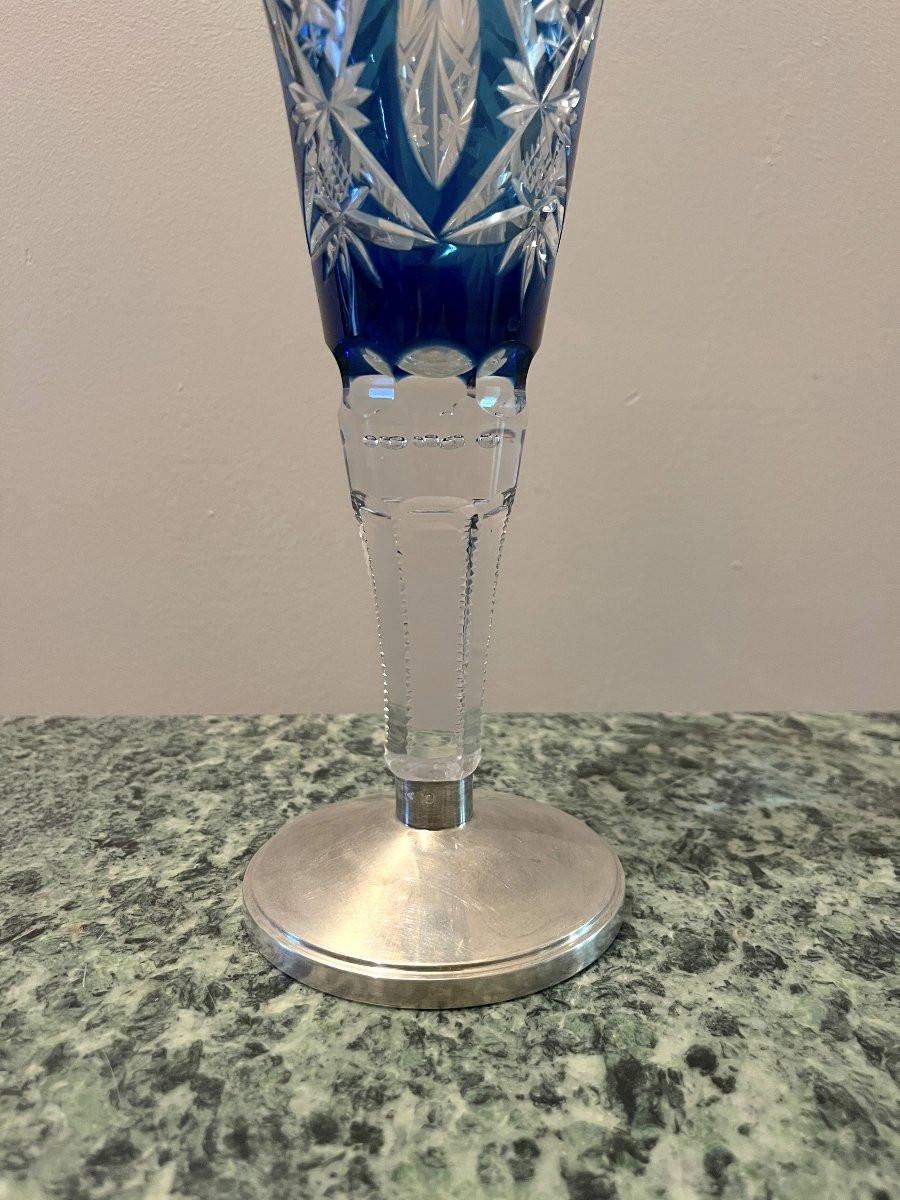 Blue Cut Crystal Vase On Silver Base-photo-3