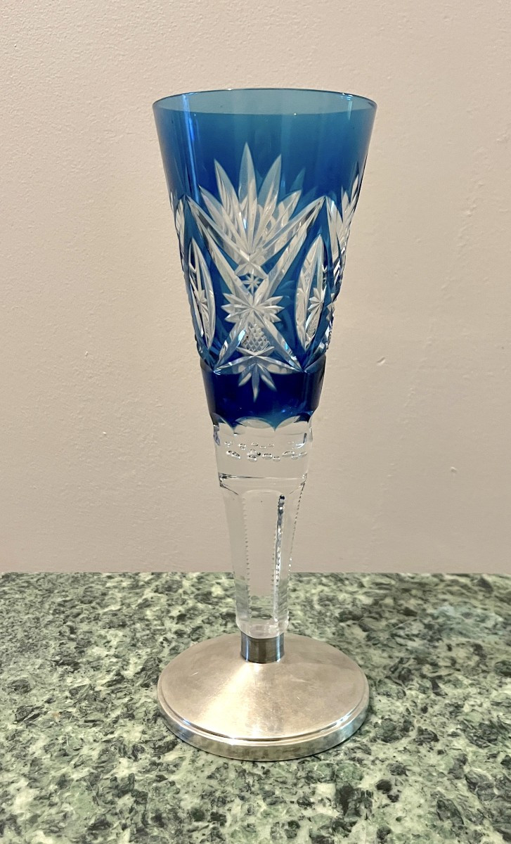 Blue Cut Crystal Vase On Silver Base