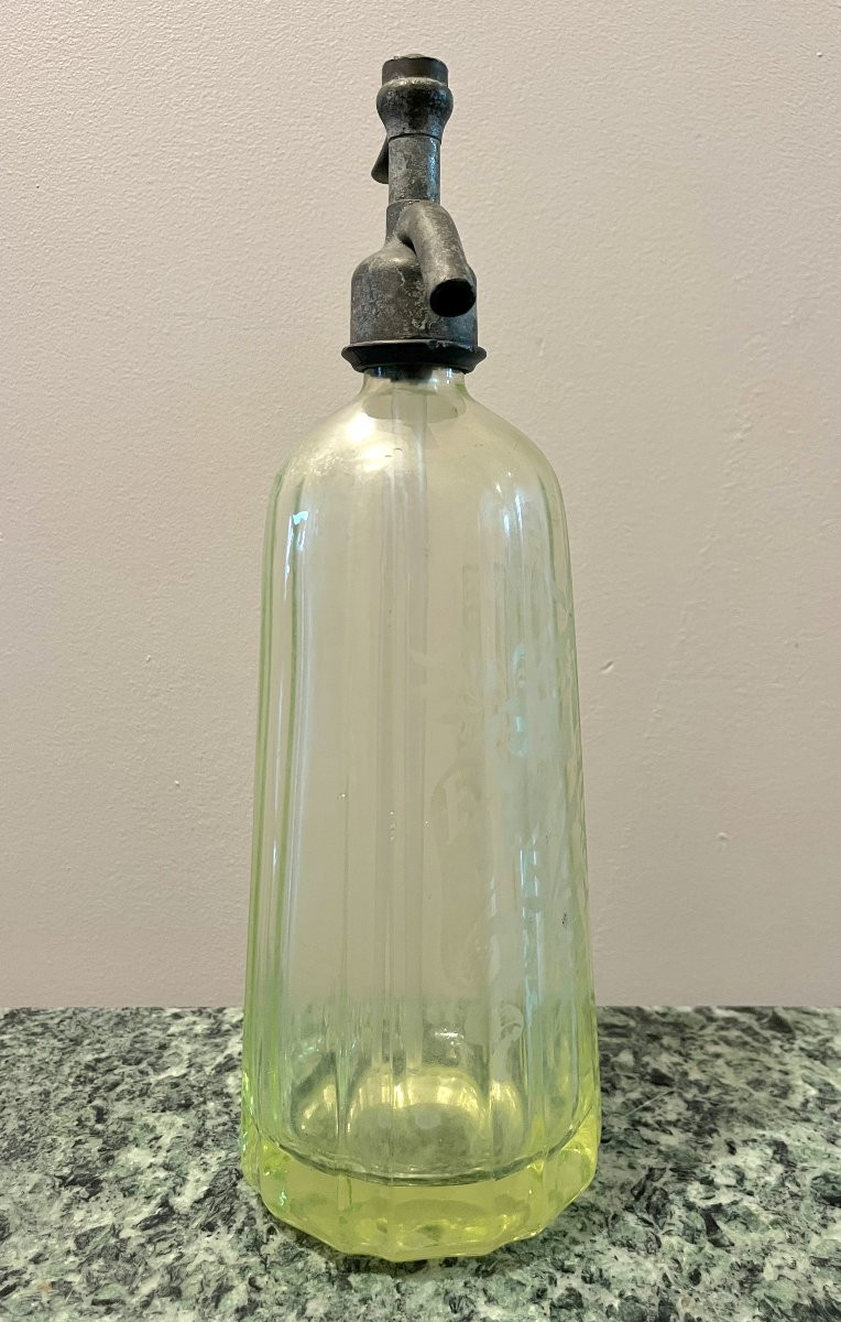 Siphon Art Déco à Eau De Seltz En Verre Ouraline Jaune Ou Vert -photo-2