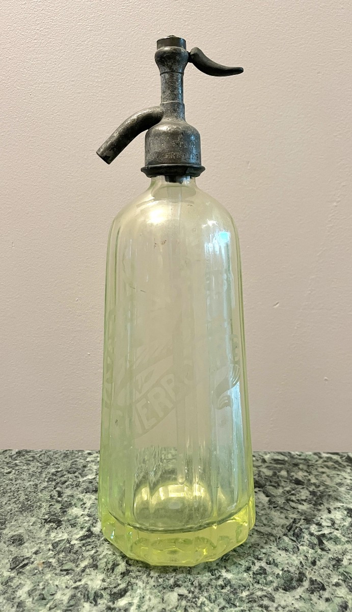 Siphon Art Déco à Eau De Seltz En Verre Ouraline Jaune Ou Vert 