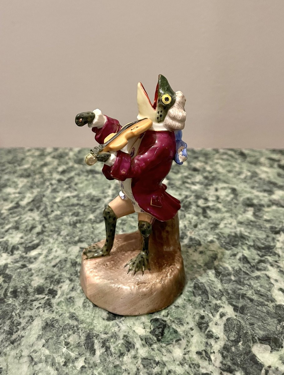 Grenouille Musicienne En Porcelaine Allemande Fin XIXème-photo-3