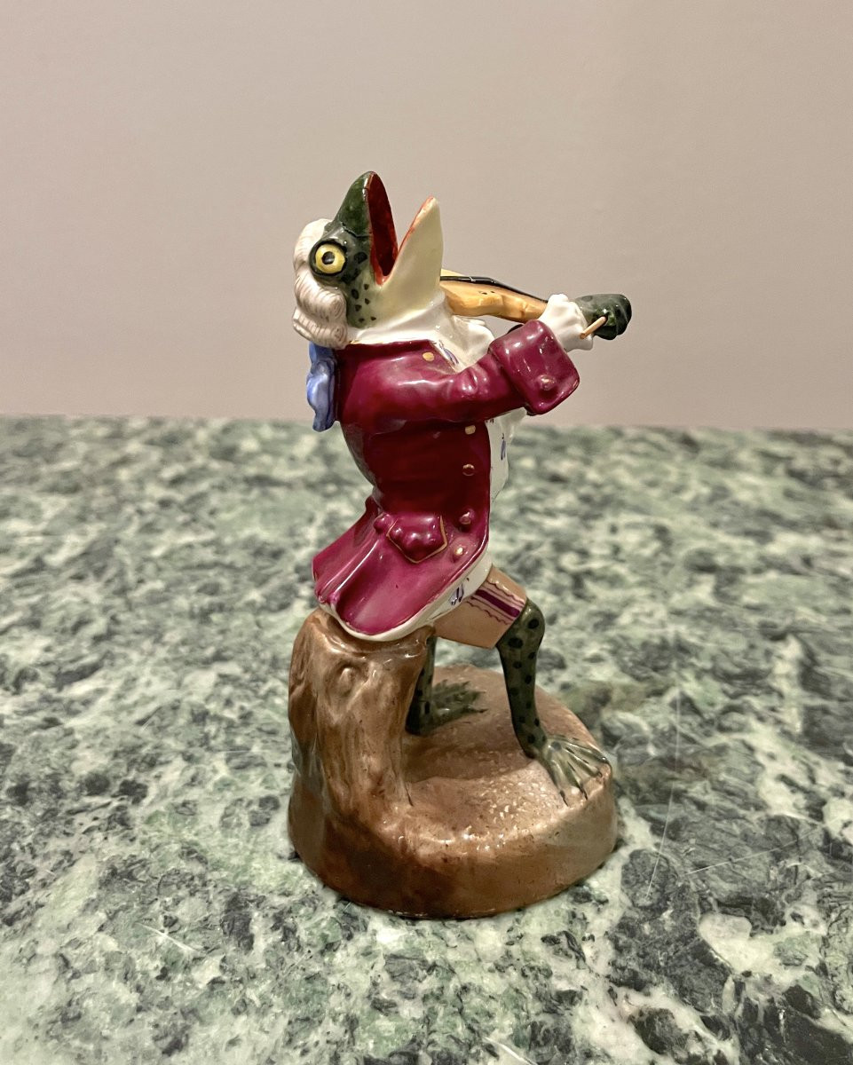 Grenouille Musicienne En Porcelaine Allemande Fin XIXème-photo-3