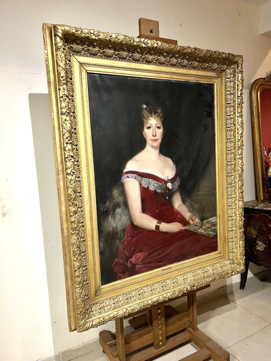 Grand Tableau Portrait Femme Huile Sur Toile Fin XIXème-photo-2