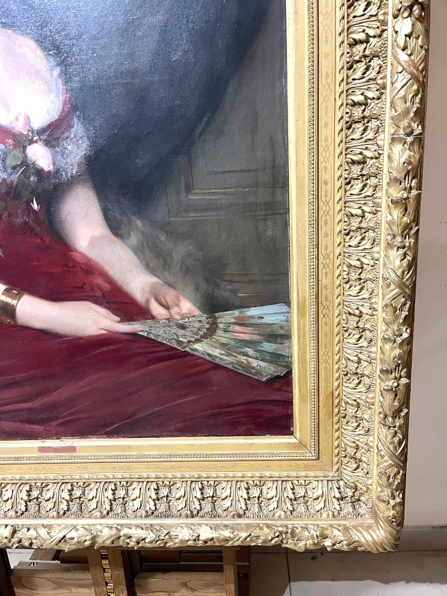 Grand Tableau Portrait Femme Huile Sur Toile Fin XIXème-photo-5