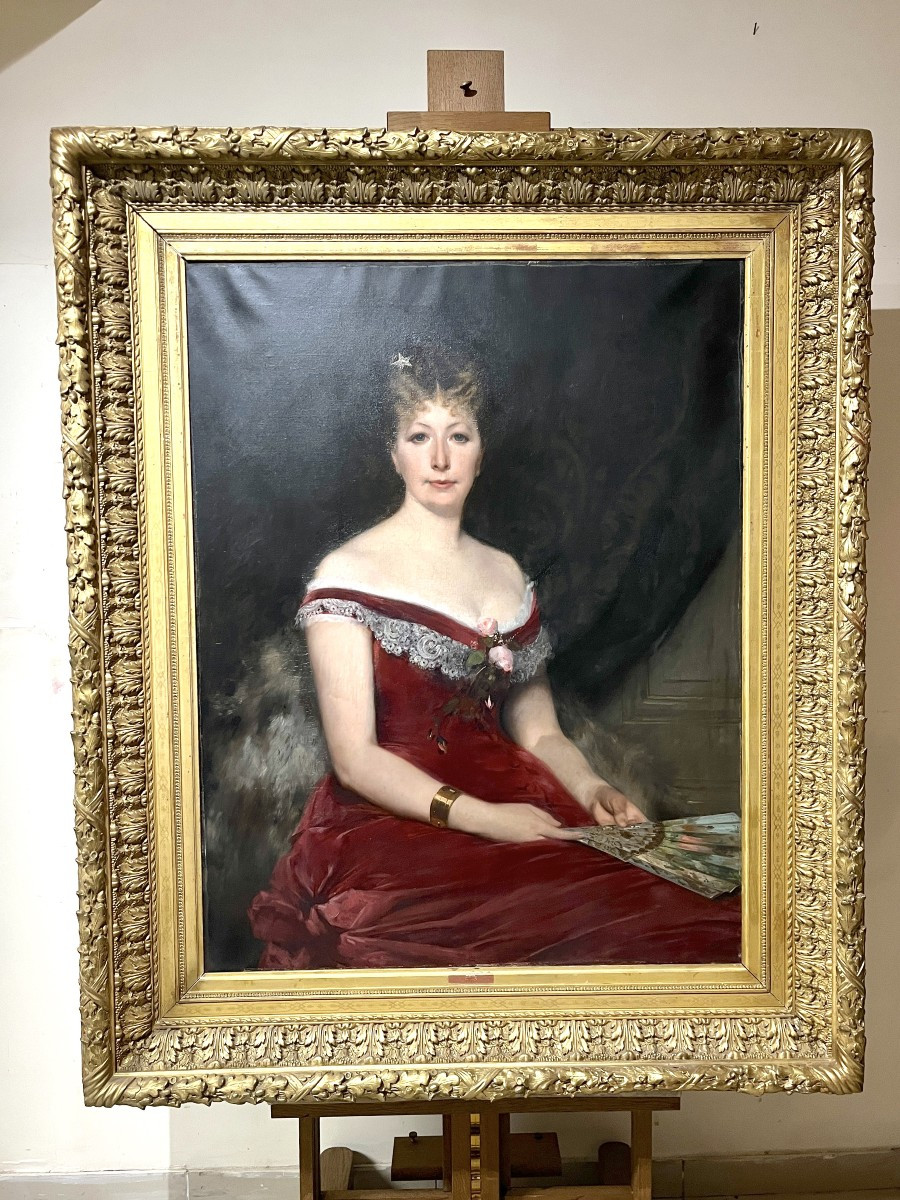 Grand Tableau Portrait Femme Huile Sur Toile Fin XIXème