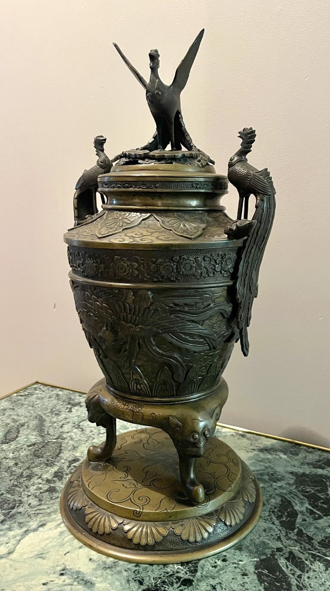 Brûle-parfum Japon ère Meiji en bronze patiné-photo-3
