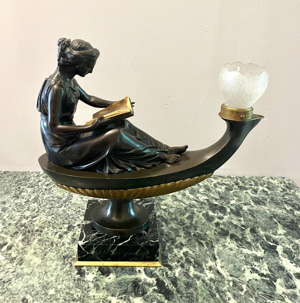 Lampe à Huile en bronze Allégorie de l'Etude Epoque Empire-photo-2