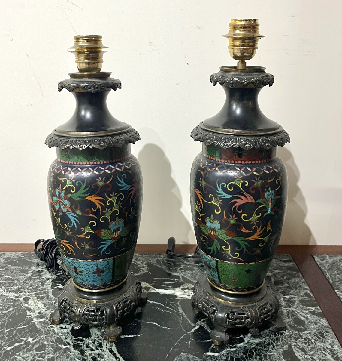 Paire de lampes en émail cloisonné fin XIXème-photo-2