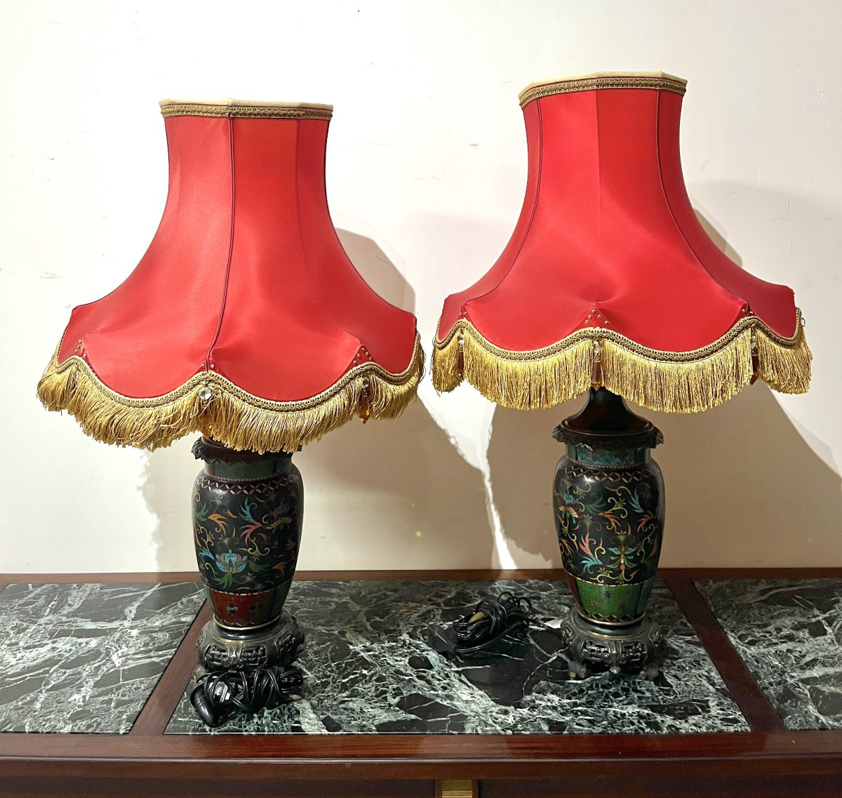 Paire de lampes en émail cloisonné fin XIXème-photo-4
