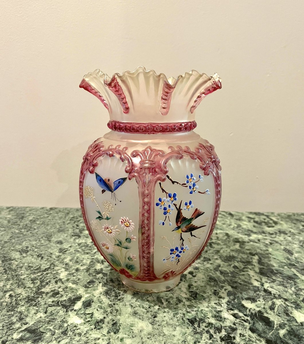 Grande tulipe en verre émaillé à décor d'oiseaux-photo-2