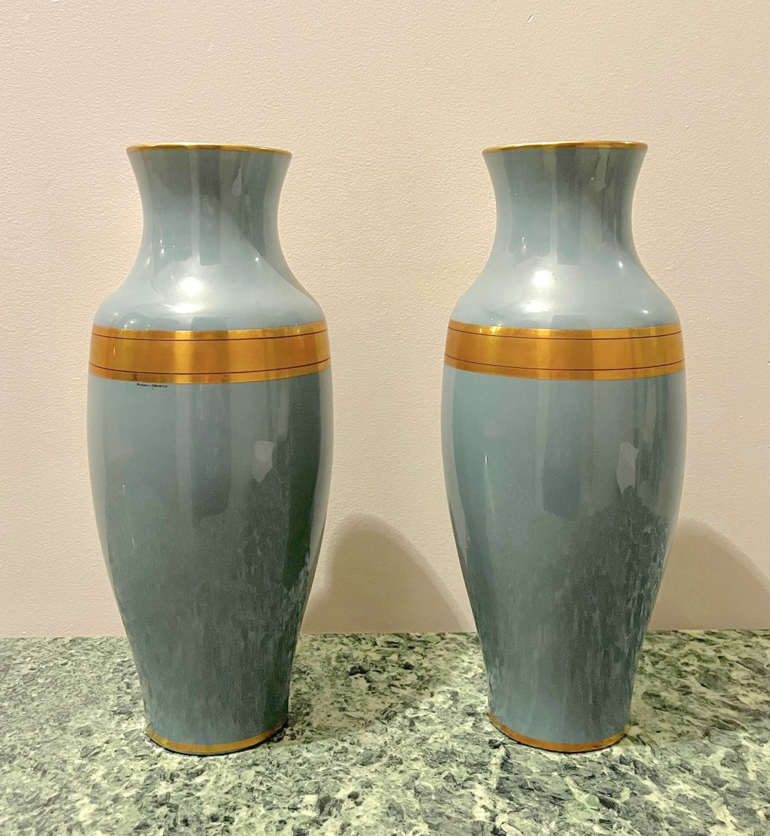 Tours - Paire de vases  en faïence bleu et or-photo-2