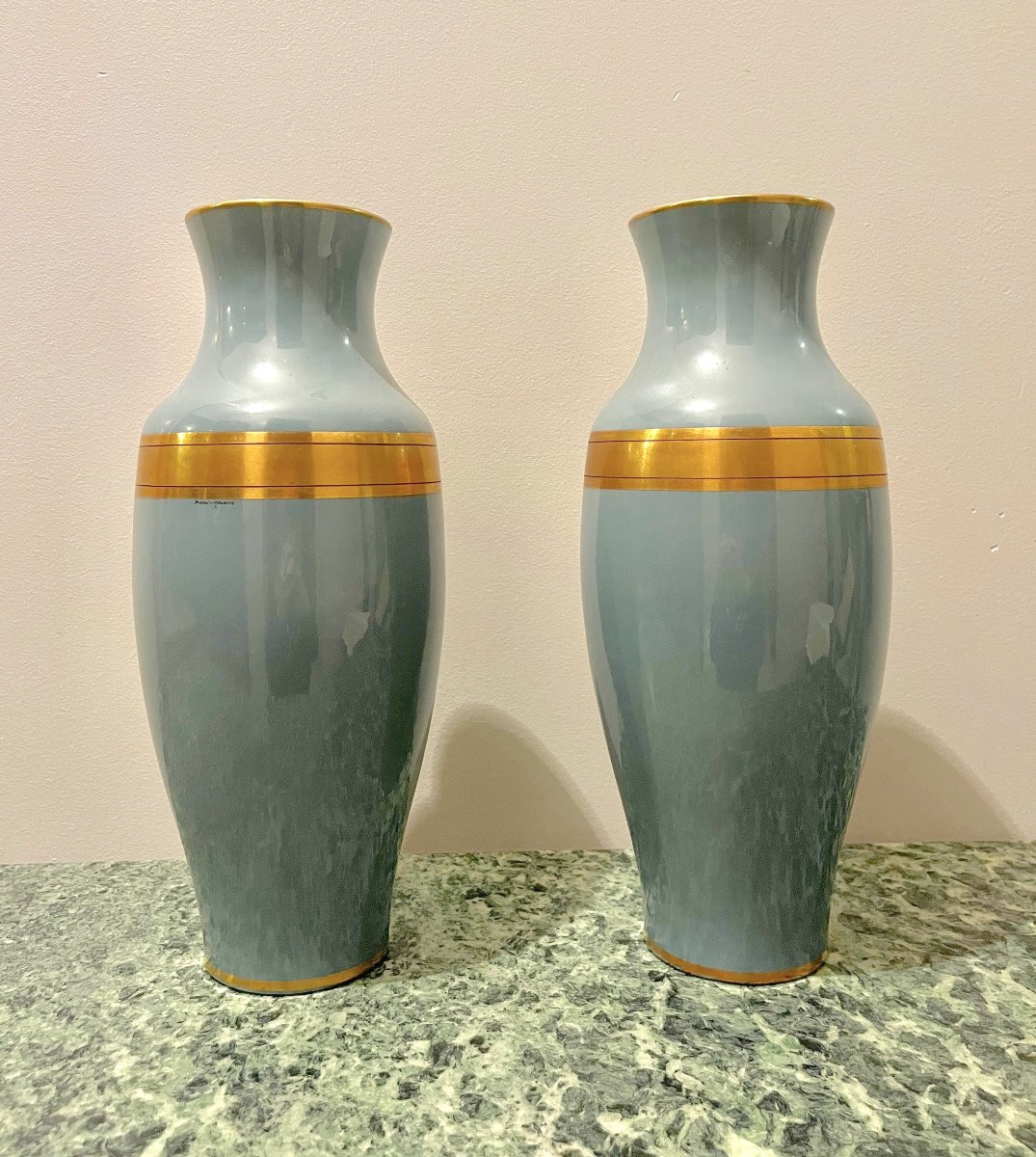 Tours - Paire de vases  en faïence bleu et or-photo-4