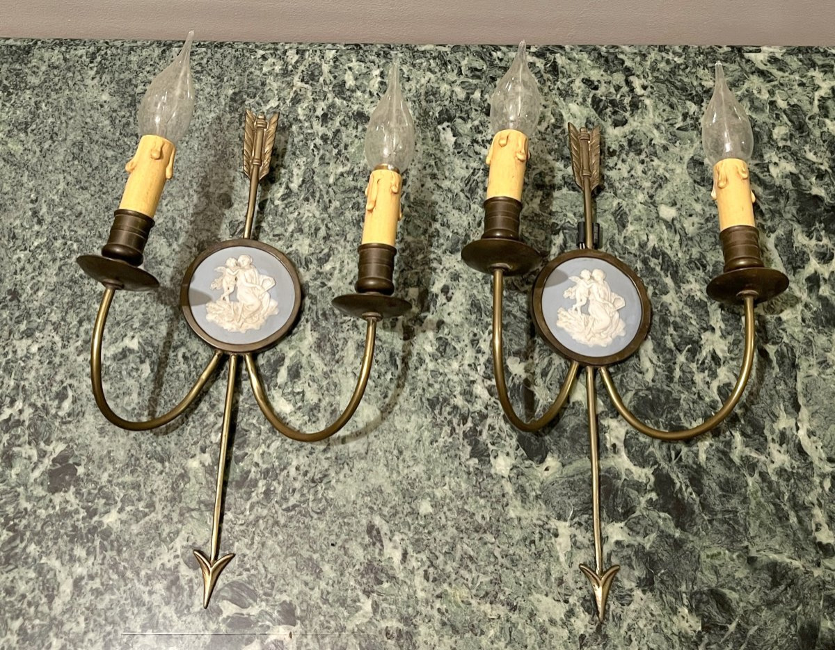 Pair Of Bronze Arrow And Wedgwood Wall Lights-photo-2
