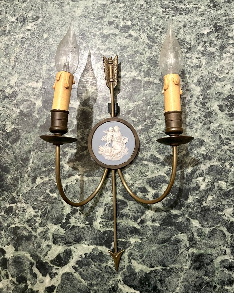 Pair Of Bronze Arrow And Wedgwood Wall Lights-photo-3