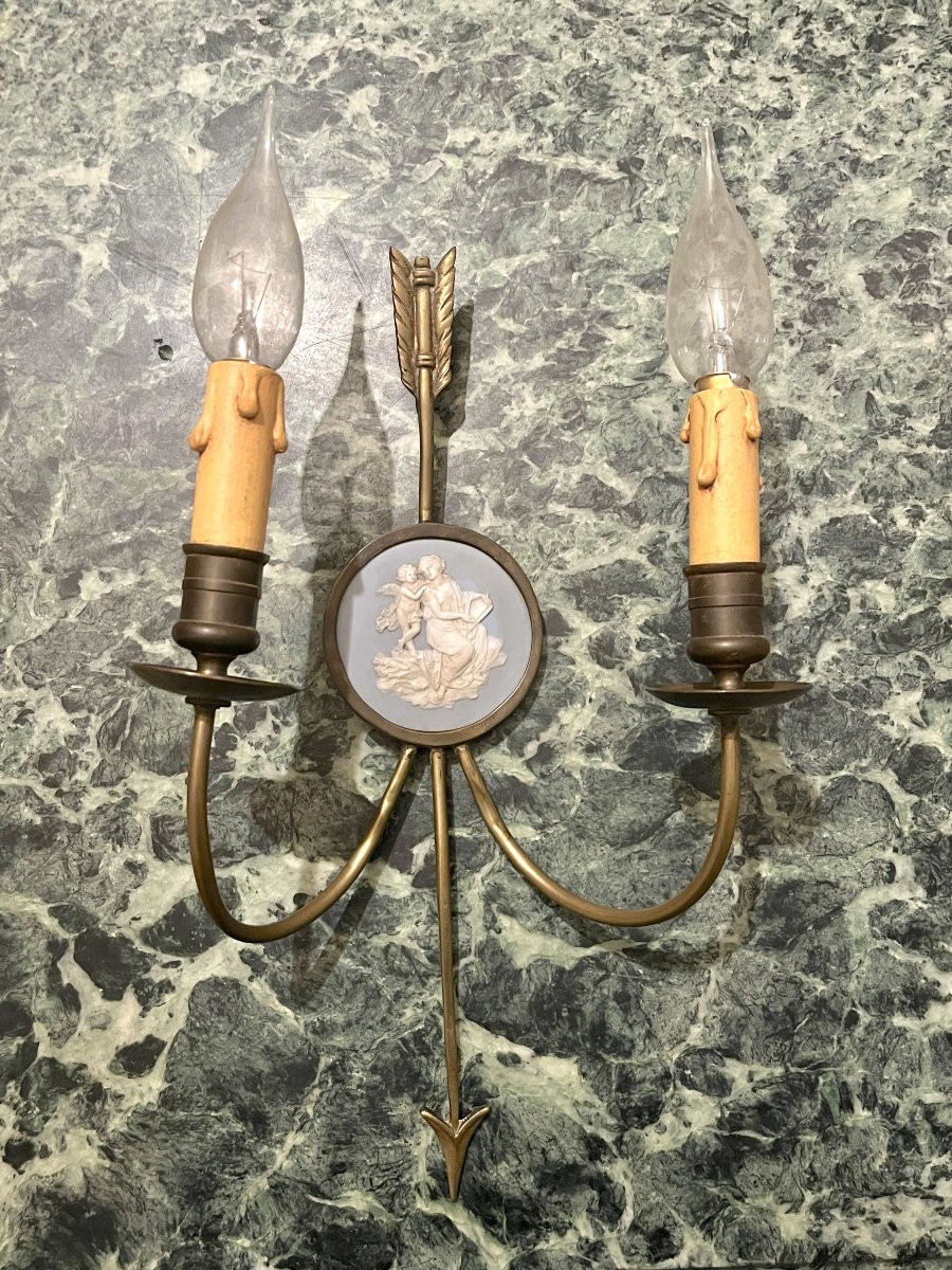 Pair Of Bronze Arrow And Wedgwood Wall Lights-photo-4