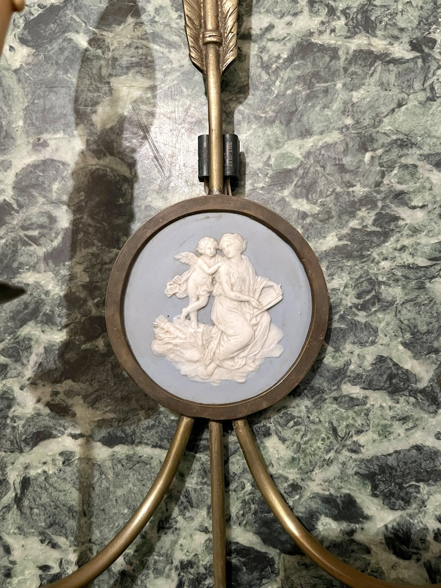 Pair Of Bronze Arrow And Wedgwood Wall Lights-photo-1