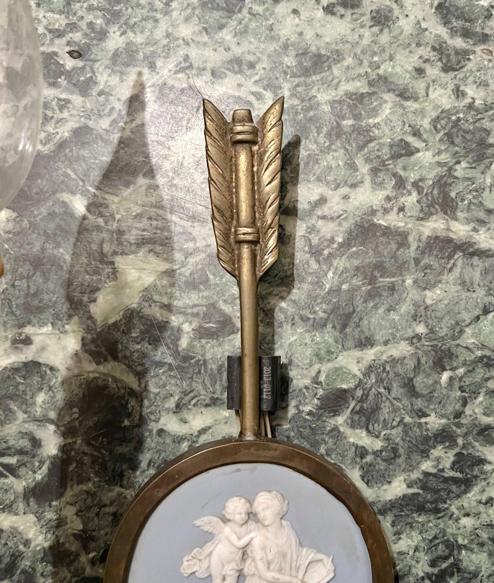 Pair Of Bronze Arrow And Wedgwood Wall Lights-photo-2