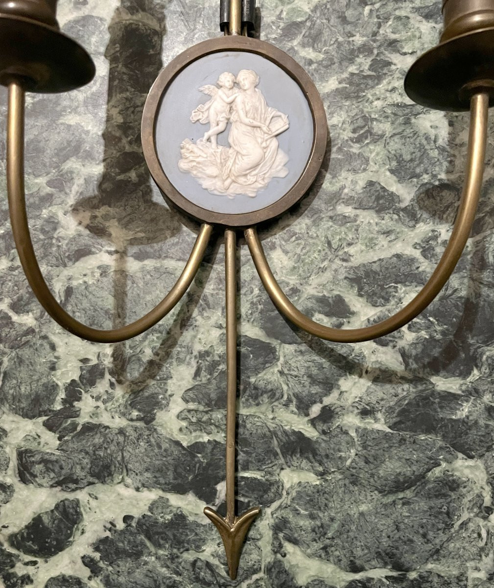Pair Of Bronze Arrow And Wedgwood Wall Lights-photo-4