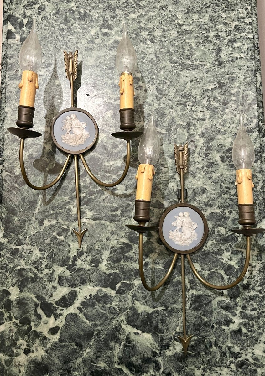 Pair Of Bronze Arrow And Wedgwood Wall Lights-photo-5