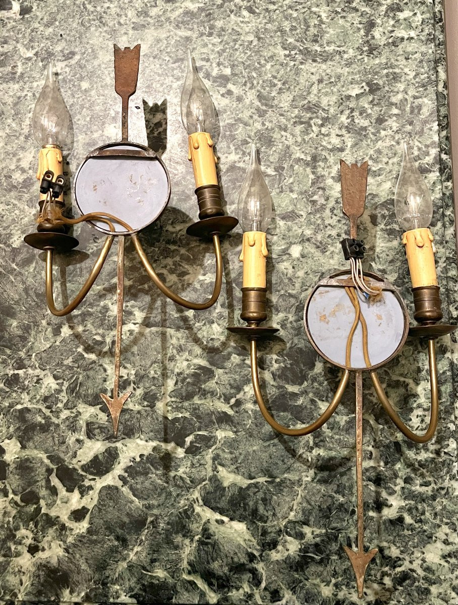 Pair Of Bronze Arrow And Wedgwood Wall Lights-photo-6