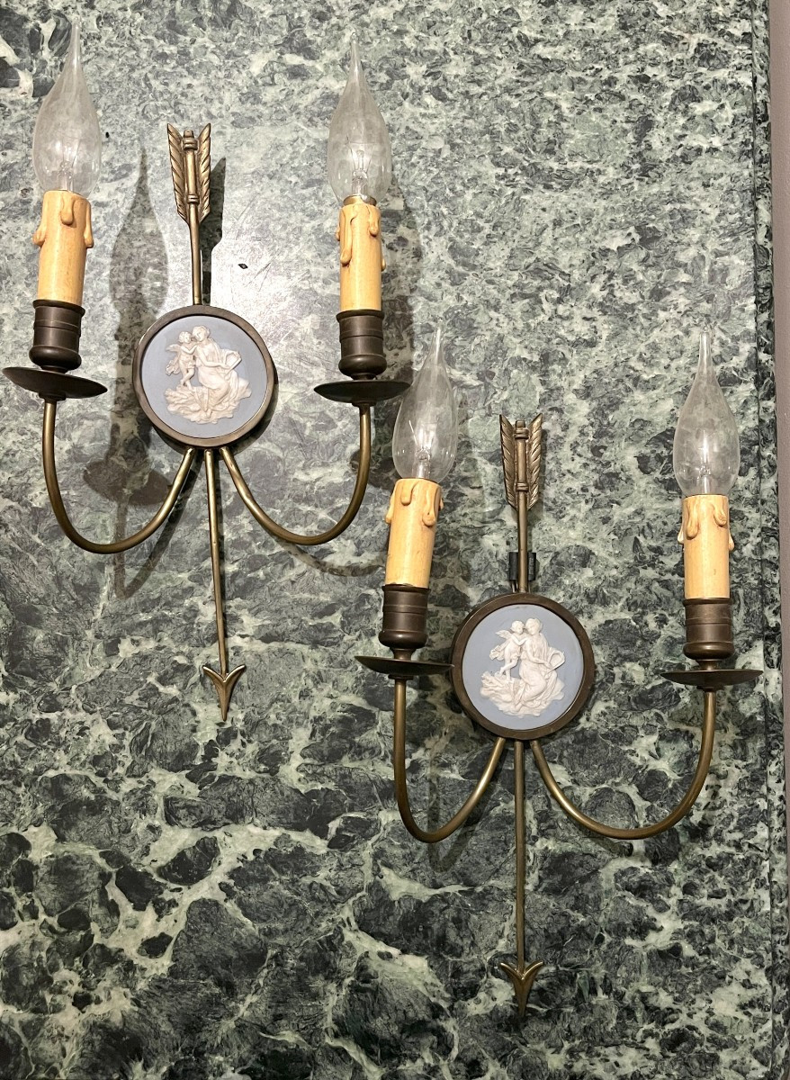 Pair Of Bronze Arrow And Wedgwood Wall Lights