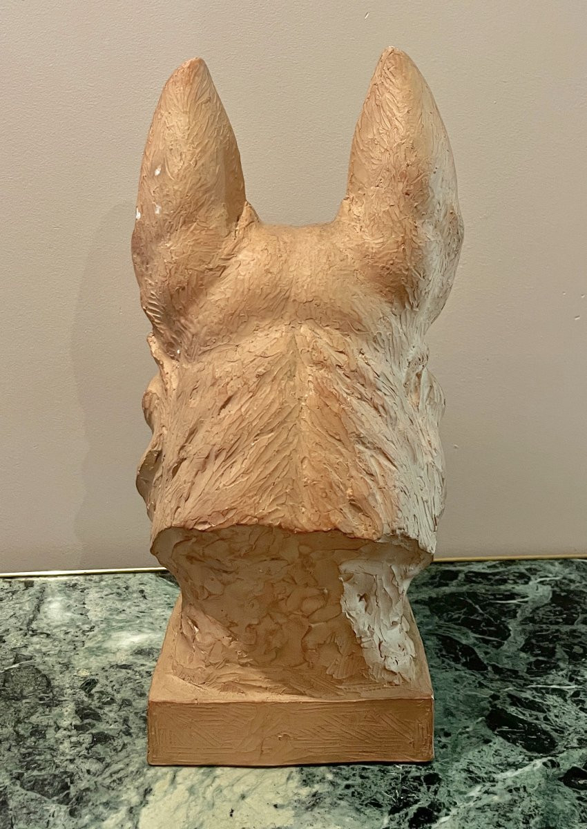 Sculpture en terre cuite tête de berger allemand signé Bargas-photo-3