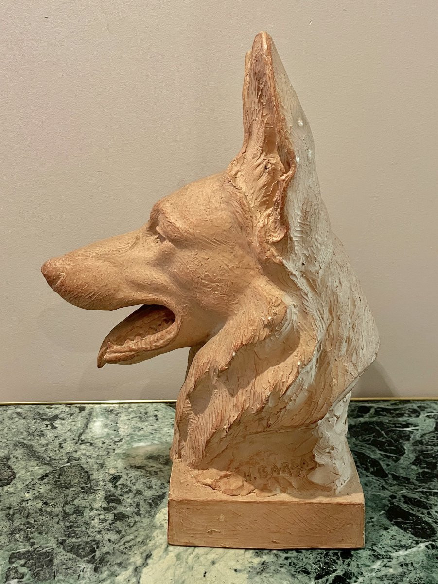 Sculpture en terre cuite tête de berger allemand signé Bargas-photo-5
