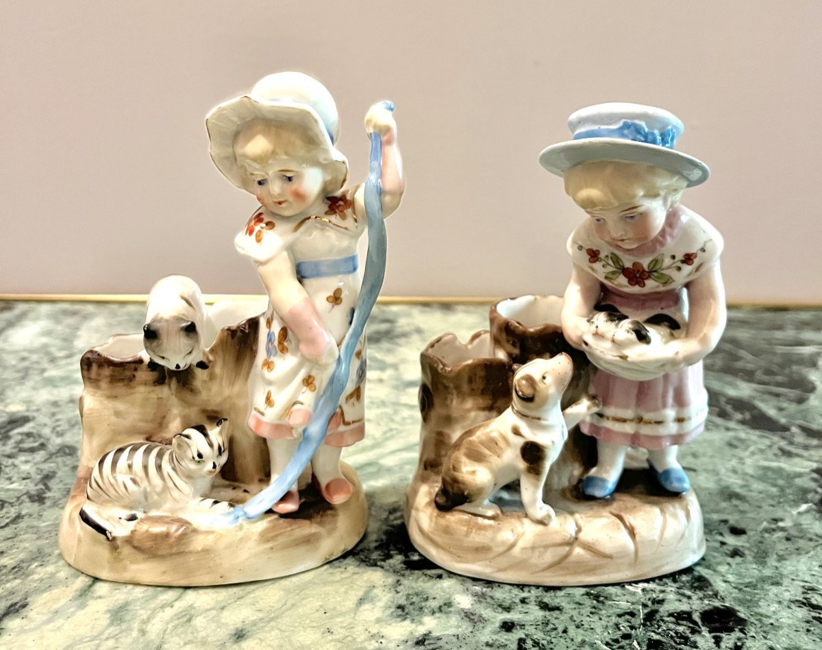 Deux pyrogènes en porcelaine fillettes fin XIXème-photo-1